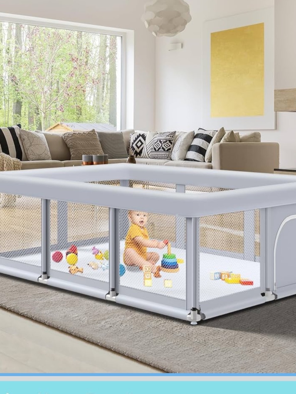 Baby Playpen SafePlay 6-Sided Play Yard - Light Gray 74”x50”